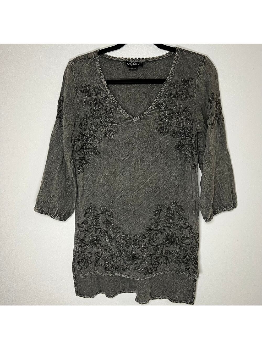 Lola P| Women’s embroidered floral cottagecore boho chic grey blouse